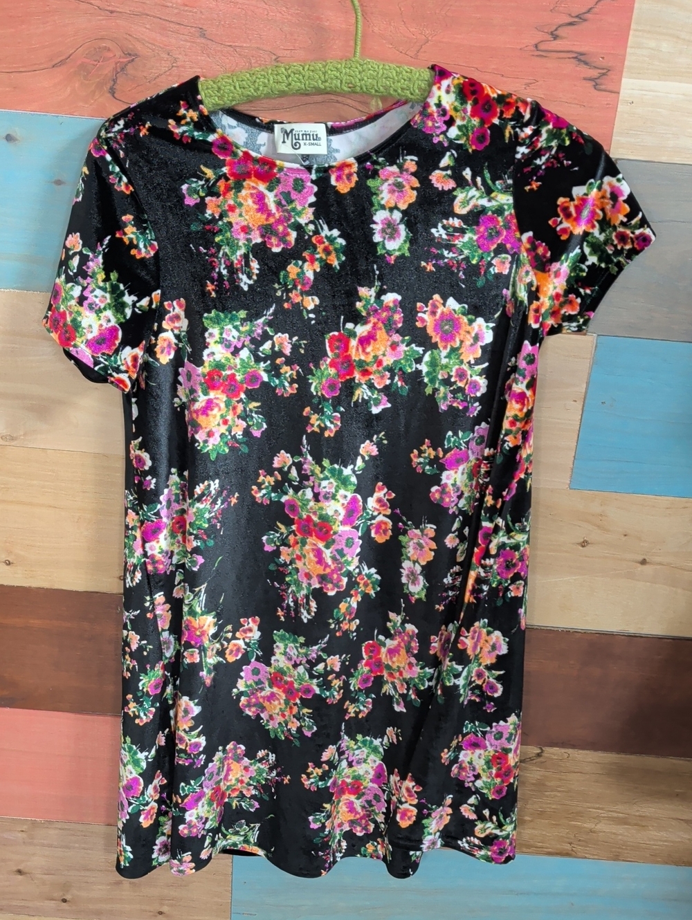 Show Me Your MuMu Black Velvet Mini Dress with Pink & Green Floral Clusters